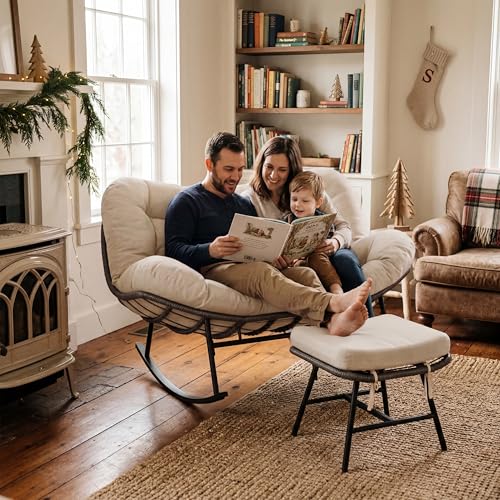 Outdoor Double Rocking Chair with Ottoman, 700 LBS Heavy-Duty Wicker Loveseat Rocker, 30° Anti-Slip Rocking Design, Beige Cushioned Patio Rocking Egg Chair Set for Porch, Backyard, Living Room