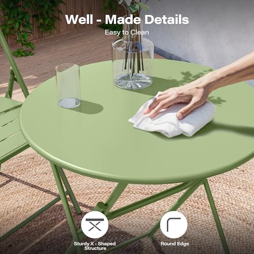 LAUSAINT HOME 3-Piece Steel Folding Bistro Set, Premium Weather-Resistant Patio Table & 2 Chairs for Balcony, Garden, Yard, Poolside & Indoor (Round, Green)