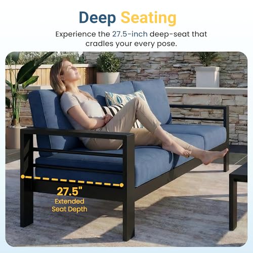 Wisteria Lane Patio Furniture Aluminum Loveseat, All-Weather Outdoor 2 Seats Sofa Couch, Patio Outdoor Sofa, Black Metal Chair with Blue Cushions