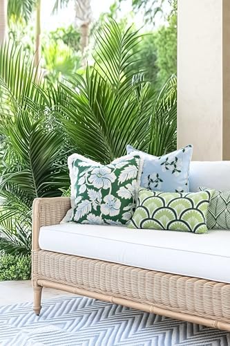 Hofdeco Premium Coastal Patio Indoor Outdoor Lumbar Pillow Cover Only, 12"x20" Water Repellent for Backyard, Couch, Green Print Tropical Ravenala Palm Tree
