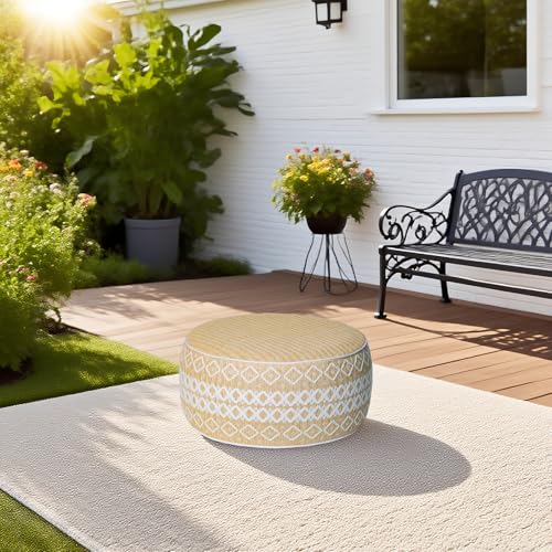 GLADTRAX Outdoor Inflatable Ottoman with Air Pump, Embroidery Patio Footrest Stool D21”x H9”, Round Pouf Ottoman with Portable Handle Suitable for Garden, Camping, Bedroom, Living Room