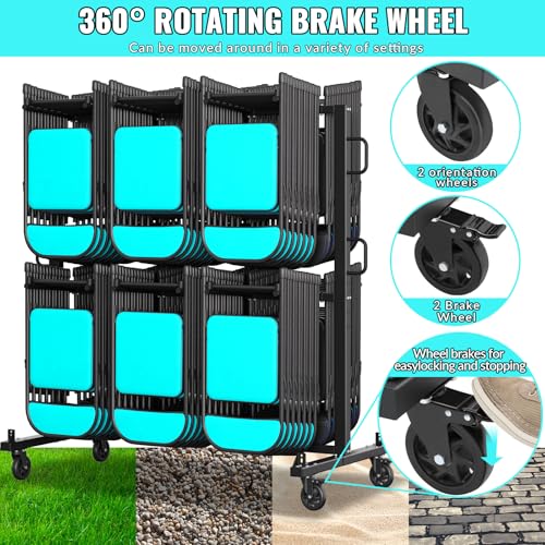Folding Chair Rack- Heavy Duty Folding Chair Cart with Swivel Wheels, 84 Chairs or 42 Chairs and 12 Table,1000lbs Weight Capacity, with Outdoor Cover and 2 Binding Ropes 2 Rubber Locking Wheels