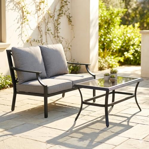 Grand patio Outdoor Loveseat Sofa, All-Weather Metal Frame 2-Person Loveseat Bench for Patio, Backyard, Balcony and Deck with Soft Cushions (Gray)