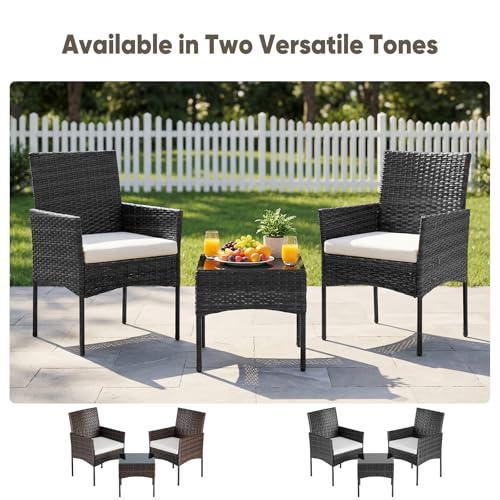 DUMOS 3-Piece Patio Furniture Set, All-Weather Outdoor Wicker Chairs with Removable Cushions & Tempered Glass Table, Small Bistro Set for Porch, Balcony, Lawn, Backyard, Black