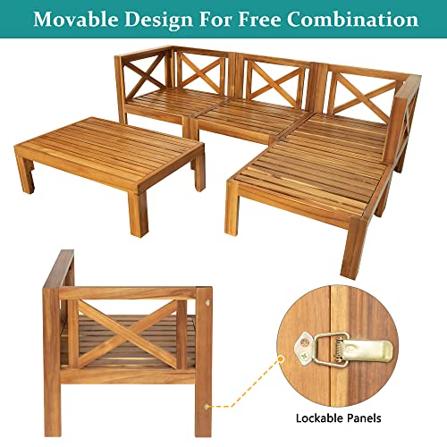 YSWH 5-Piece Patio Acacia Wood Outdoor Furniture Sectional Conversation Sets Sofa Set with Slatted Tabletop Tea Table and X-Back Wood Frame, Removable Cushions