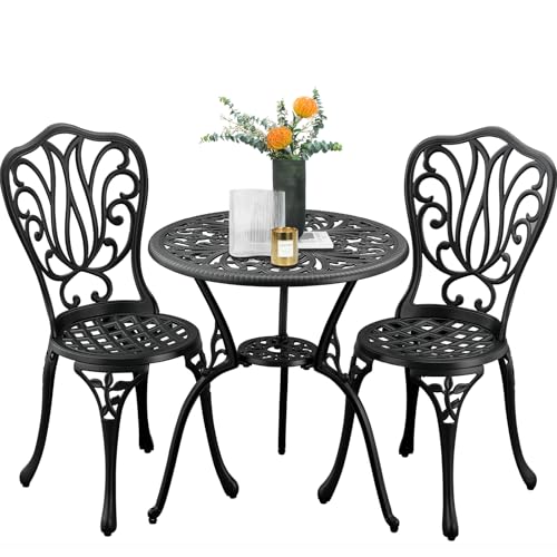 ZOTORUN 3-Piece Outdoor Bistro Set Cast Aluminum Patio bar Set with Umbrella Hole, Balcony, Backyard(Black, Butterfly)
