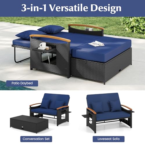 COSTWAY Patio Rattan Daybed, Outdoor Loveseat Sofa with Storage Ottoman, 4-Level Adjustable Backrest & Acacia Wood Armrest, Outdoor Wicker Daybed with Side Panels for Yard, Deck, Poolside (Black&Navy)