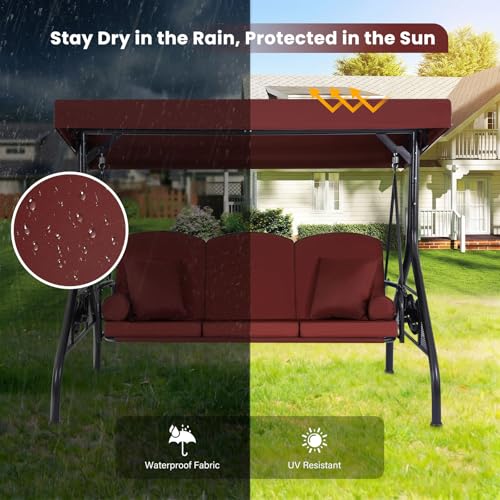 3 Seat Outdoor Porch Swing with Adjustable Canopy,2 in 1 Patio Swing Bed with Stand 800lbs for Adults,Outdoor Swing with Removable Cushion, Cup Holder ＆4 Pillow for Backyard, Porch, Garden，Red