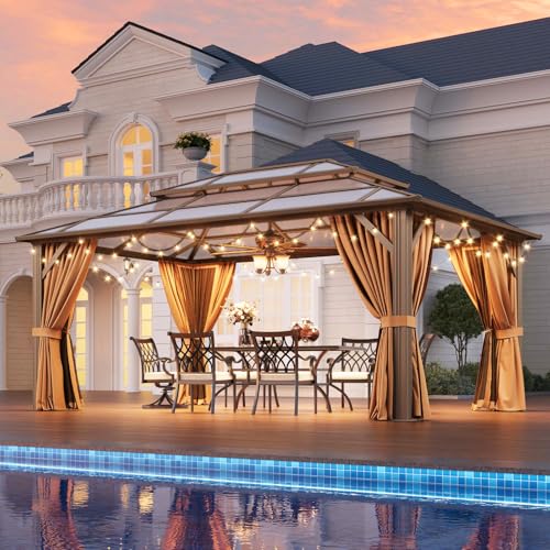 Aoxun 12'x16' Hardtop Gazebo, Outdoor Metal Gazebo with Double Polycarbonate Roof Canopy, Permanent Pavilion with Netting and Curtains for Lawn, Garden, Patio (Brown)