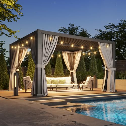 Aoxun Louvered Pergola 12' x 14' Aluminum Outdoor Pergola with Independent Adjustable Roofs, Curtains and Netting, Built-in Drainage System for Patios & Backyards, Rust Resistant Frame