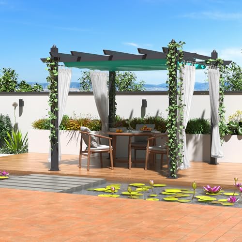 Aluminum Pergola with Retractable Canopy, 10x13 ft Sun Shade, Rust-Resistant Outdoor Pavilion for Patio, Backyard, Deck, Poolside, Waterproof, Grape Trellis, Blue with Curtains and Mosquito Netting
