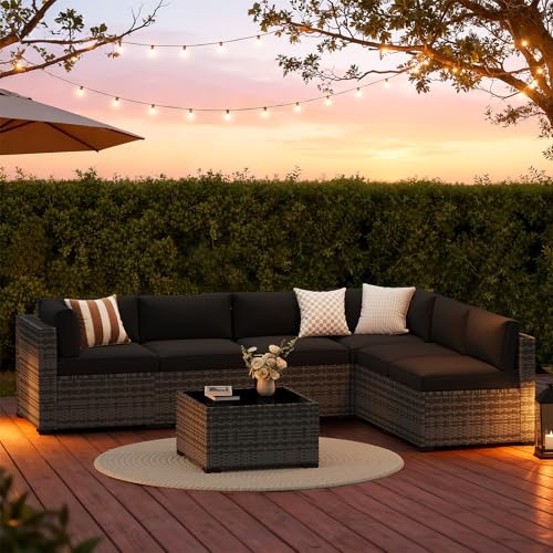 LazySunsets 7-Piece Patio Furniture Set, Wicker Rattan Outdoor Furniture with Thick Cushions, Patio Conversation Sets with Coffee Table, Outdoor Sectional Couch Sofa with Waterproof Cover, Black