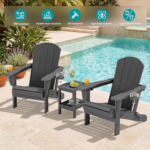 SERWALL Foldable Adirondack Chair Set of 4, HDPE Adirondack Chair with Wood-Texture-Gray