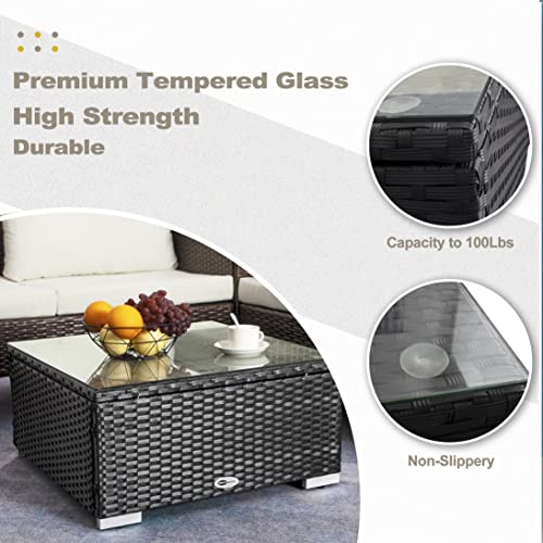 DIMAR GARDEN Outdoor Coffee Table Wicker Patio Side Table with Glass Top,25.2in Black