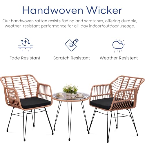 KROFEM 3 Piece Wicker Patio Bistro Furniture Set, Includes 2 Rattan Chairs and Glass Top Table, Ideal for Porch, Outdoor, Backyard, Apartment, Balcony, Natural