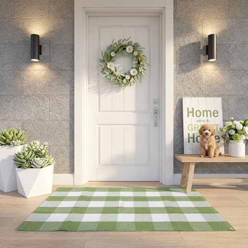 WAYYE Buffalo Plaid Outdoor Rug 27.5" x 43" Grass Green and White Checkered Area Rug Washable Doormats Indoor Outdoor Rugs for Layered Front Door Mats, Porch, Entryway, Kitchen, Farmhouse