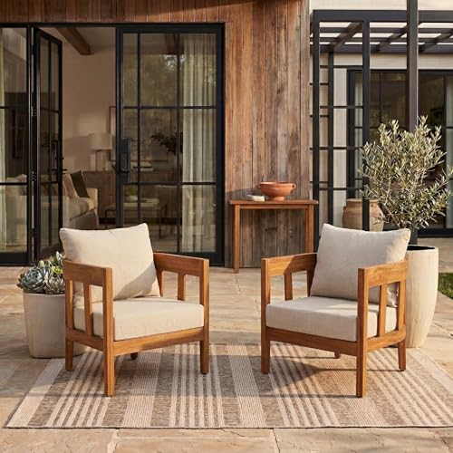 SAFAVIEH Outdoor Collection Owen Natural Brown/Taupe Cushion Solid Wood Chair Set of 2