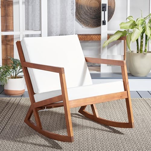 SAFAVIEH Outdoor - Vernon Rocking Chair - Natural & Beige - Solid Wood with Cushion - Shaker-Inspired Slatted Design - Ideal for Patio, Deck, Porch, Backyard, 24.6" Seat Height (PAT7013A)