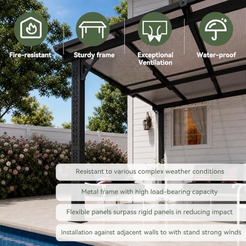 10 x 12 FT Patio Pergola, Heavy Duty Outdoor Metal Lean-to Gazebo, Hardtop Galvanized Steel Pergola with Sloped Polycarbonate Roof for Backyard, Deck, Patio, Black (140.5" L x 119" W x 98.4" H)