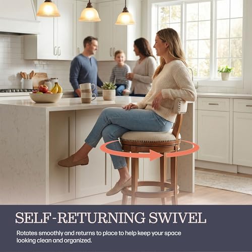 Hanover Swivel Counter Height Bar Stool, Weathered Brown and Beige, Solid Rubberwood Frame, Faux Leather Upholstered Seat, Memory Return Swivel, 20 in. W x 22 in. D x 37 in. H, Seat Height 26 in.