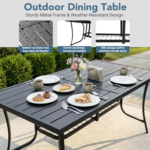 VOYSIGN 7 Piece Outdoor Patio Dining Sets, 60" Rectangular Metal Dining Table with Umbrella Hole & 6 Stackable Metal Chairs, Weather Resistant Garden Furniture Set for Backyard, Deck, Porch