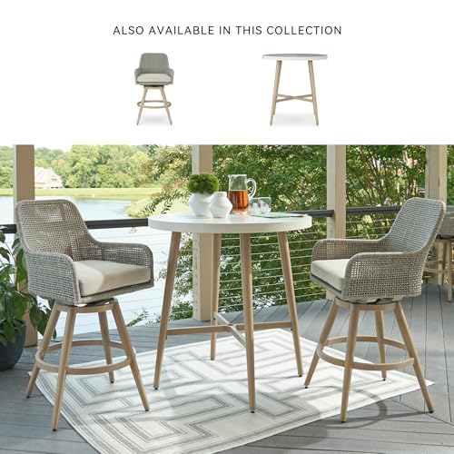 Signature Design by Ashley Seton Creek Casual Nuvella Weather Resistant Fabric, Resin Wicker Swivel Outdoor Bar Height Bar Stool with Cushion, Footrest and Armrest, Set of 2, Beige & Light Gray