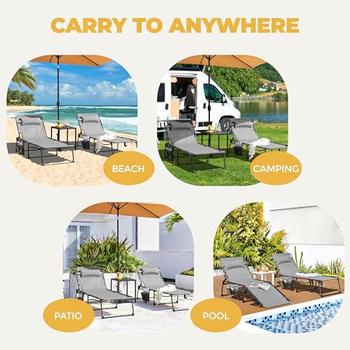 Yaheetech 26.4" Outdoor Folding Tanning Chair, Chaise Lounge Chairs with 5 Back Position Adjustable, Extended Portable Lounger for Beach, Patio, Gray
