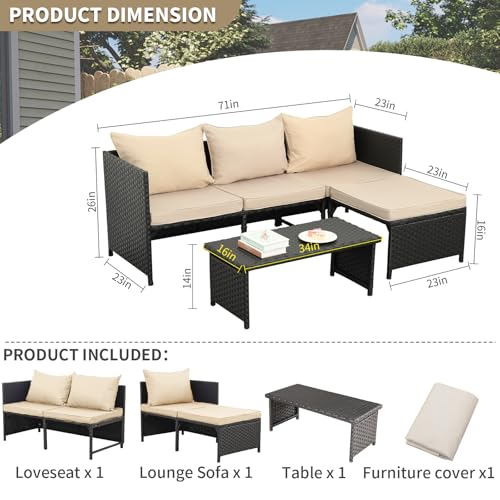 Valita 3-Piece Outdoor PE Rattan Furniture Set Patio Black Wicker Conversation Loveseat Sofa Sectional Couch Khaki Cushion