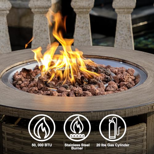OutVue 32 inch Propane Fire Pit Table,Wicker Gas Fire Pits Table with Lid & Lava Rocks, 50000 BTU Round Propane Firepit for Outside, Fire Table for Dining,Party, Patio,Yard