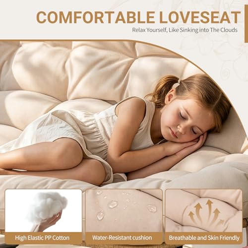 Outvita Outdoor Patio Loveseat, All Weather Double Papasan Chair with Side Storage Pocket, 6’’ Thick Cushion, 4 Adjustable Support Feet, 2 Seat PE Rattan Couch for Backyard Patio Garden Balcony(Beige)