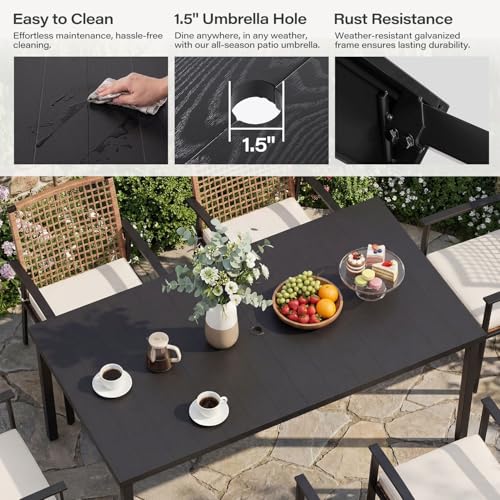 LAUSAINT HOME 7 Pieces Patio Dining Set, Outdoor Furniture Set of 6 Wicker Chairs (2 of Them Swivel) with Soft Cushion and Iron Slats Table Top with Umbrella Hole, Conversation Set for Backyard