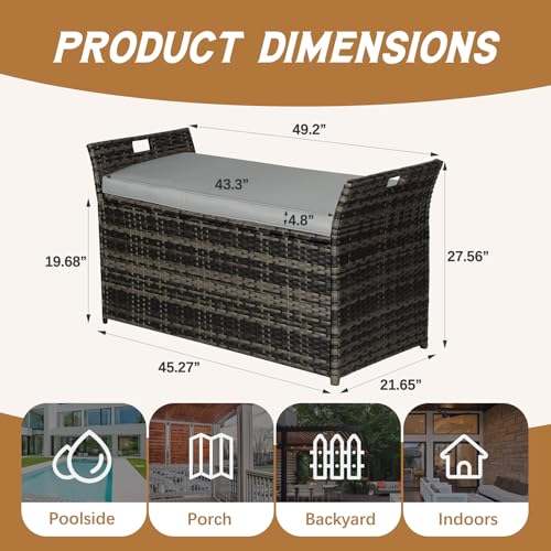 Patiomore 90 Gallon Outdoor Wicker Storage Bench with Cushion, Patio PE Rattan Deck Box with Handles (Gray), Grey