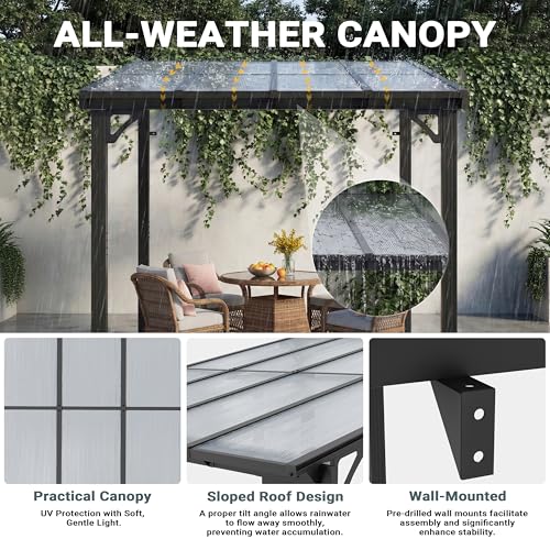 AirWire 10'x8' Wall-Mounted Lean to Gazebo with Aluminum Frame & Polycarbonate Panel, 8x10 FT Hardtop Pergola with Sloped Roof for Backyard, Porch, Deck