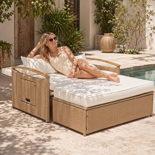 Ancelny Boho Outdoor Daybed, Natural Rattan Patio Loveseat with Storage Ottoman & All-Weather Plastic Wood Armrests, 1-Box Delivery Double Chaise Lounge w/Weather-Resistant Cushions,Beige