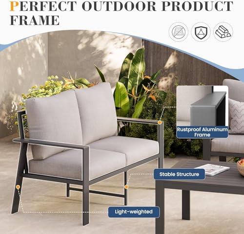 VONZOY Outdoor Loveseat with Coffee Table Small Furniture Aluminum Patio Love Seat Couch Outdoor Chairs with 4" Cushion Loveseats Sofa for Poolside,Balcony,Deck,Yard