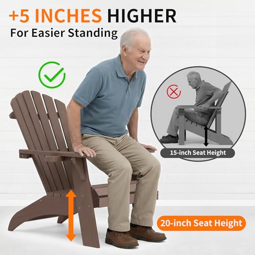 Psilvam Adirondack Chair, Oversized Poly Lumber Fire Pit Chair with Cup Holder, 350Lbs Support Patio Chairs for Garden, Weather Resistant Outdoors Seating, Relaxing Gift for Father & Mother (4, Brown)