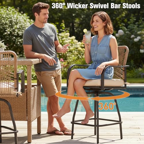 GOOGIC Outdoor Bar Stools Set of 4, 360° Swivel Metal Frame, Wicker Patio Bar Height Stools with Cushion, All-Weather Rattan Chair Design for Patio Backyard, Lawn Garden, Balcony, Poolside