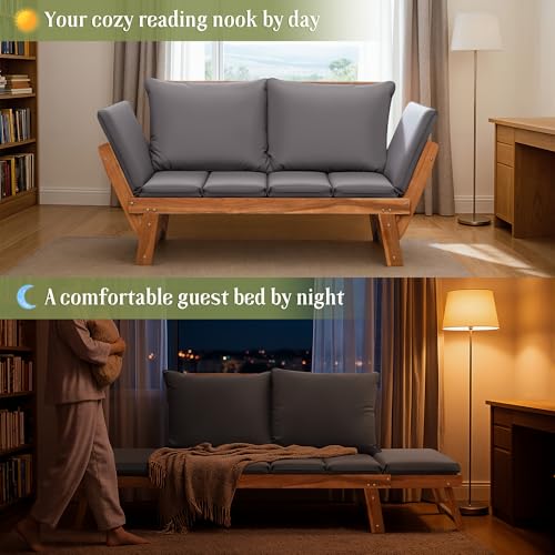 Flamaker Outdoor Couch with Adjustable Armrests, Acacia Wood Patio Loveseat with Soft Cushions, Convertible Patio Furniture for Balcony, Porch, Backyard (Grey)