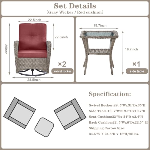 Belord Swivel Patio Chairs Wicker Set - Outdoor Swivel Rocker Chair with Side Table, 3 Piece Patio Glider Chairs Furniture Set with Water-Resistant Cushions for Deck Porch Sunroom
