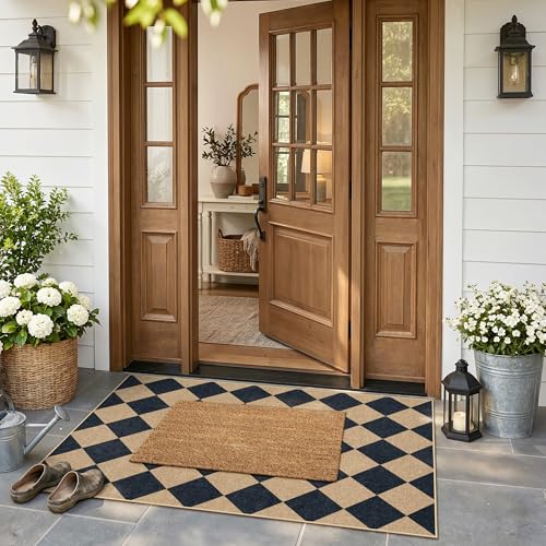 Lahome Colette Checkered Easy Jute 3x5 Outdoor Patio Rug, Washable Rugs for Entryway Diamond Indoor Outdoor Living Room Carpet, Farmhouse Neutral Non Slip Black Door Carpet for Backyard Bedroom