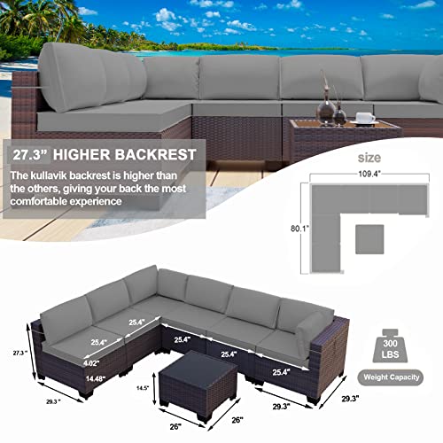 Kullavik 7 Pieces Outdoor Patio Furniture Set,Sectional Rattan Sofa Set Brown PE Rattan Wicker Patio Conversation Set with Tempered Glass Coffee Table and Washable Cushions Covers,Grey