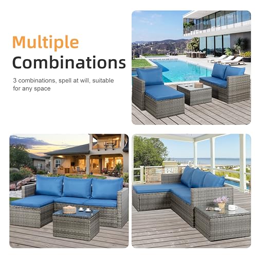 Shintenchi Outdoor Patio Furniture Sets, Small Outdoor Sofa Patio Sectional Sets 3-Piece All Weather Wicker Rattan Seating Sofas with Glass Coffee Table and Cushion (Blue)
