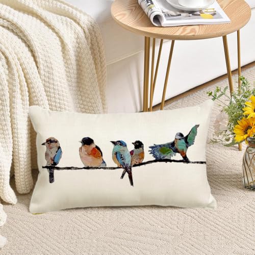 RABUSOFA Outdoor Pillow Covers Waterproof 12x20,Outdoor Bird Lumbar Throw Pillow Cases Small Decorative Pillows for Couch Patio Furniture Polyester Linen Teal Blue