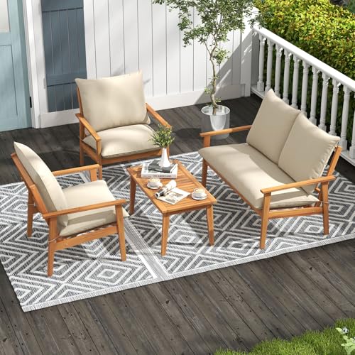 Tangkula 4 Pieces Patio Furniture Set, Outdoor Acacia Wood Conversation Set with Soft Cushions and Coffee Table, Outdoor Sectional Sofa Set for Lawn, Garden, Backyard and Poolside (1, Natural)
