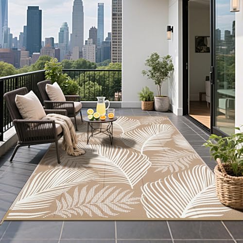 Pauwer Waterproof Outdoor Rug 5x8, Reversible Plastic Straw Patio Camping Rug, Indoor Outdoor RV Mat Carpet for Deck, Camper, Porch, Balcony, Backyard, Picnic, Leaf Brown