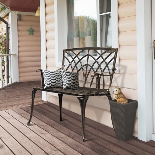 VINGLI 38" Outdoor Metal Bench, Cast Aluminium Garden Bench, Weatherproof Antique Finish Orchid Chair, 1-2 Person Seat Deck Furniture for Porch Entryway Patio (Brown)