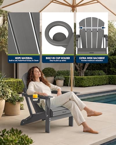 MUCHENGHY Folding Adirondack Chairs, Patio Chairs, Lawn Chairs, Outdoor Chair, Adirondack Chair Plastic, Fire Pit, Weather Resistant with Cup Holder for Deck, Backyard, Garden(Gray)