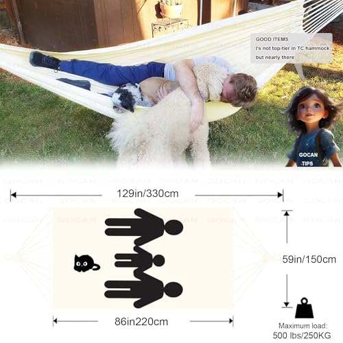 Double Hammock 500 lbs Load Capacity, Polyester Cotton Hammock, Suitable for Patio Porch, Garden and Backyard Relaxation, Indoor & Outdoor Use (Beige)