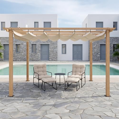 SEEHILL 10' X 13' Outdoor Pergola with Retractable Canopy, Wood-Grain Aluminum Outdoor Retractable Pergola Canopy with Sun Shade Shelter, Modern Yard Grape Trellis Pergola for Deck Garden Lawn, Beige