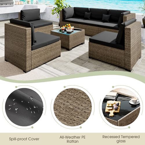 LHBcraft 7 Pieces Outdoor Furniture Set, Wicker Furniture Patio Conversation Sets with Tea Table and Thickened Black Cushions, Outdoor Patio Sectional Sofa for Garden, Poolside, Backyard